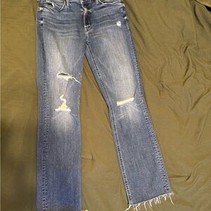 MOTHER Blue Straight Leg Jeans with Frayed Hem